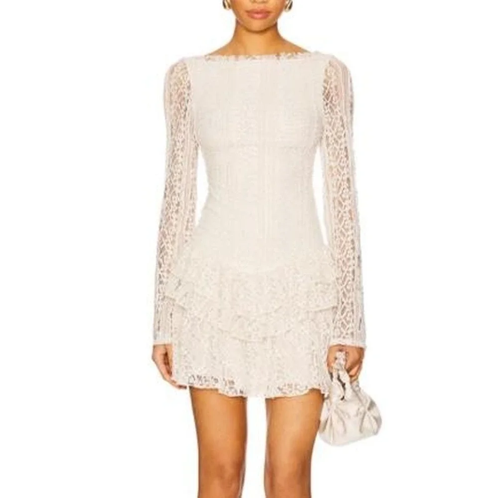 Free People Tabby Lace Long Sleeve Mini Dress Tea Size Large NWT Boho Festival
